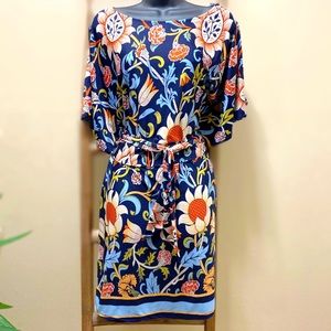 Navy Floral Dress With Kimono Style Sleeve SZ(M)